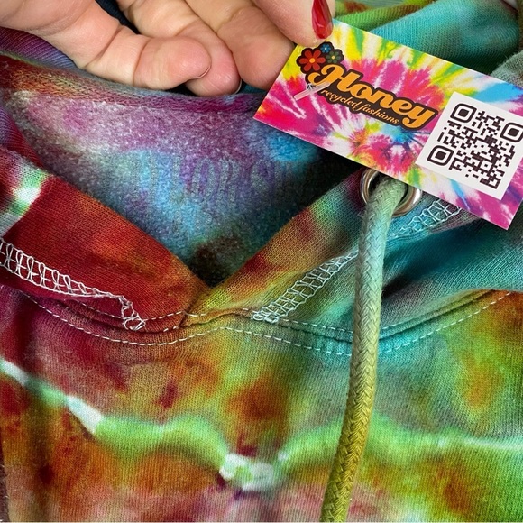 Handmade Tie Dye Hoodie Sweatshirt Pullover Unisex Small Upcycled Colorful Green - Picture 10 of 13